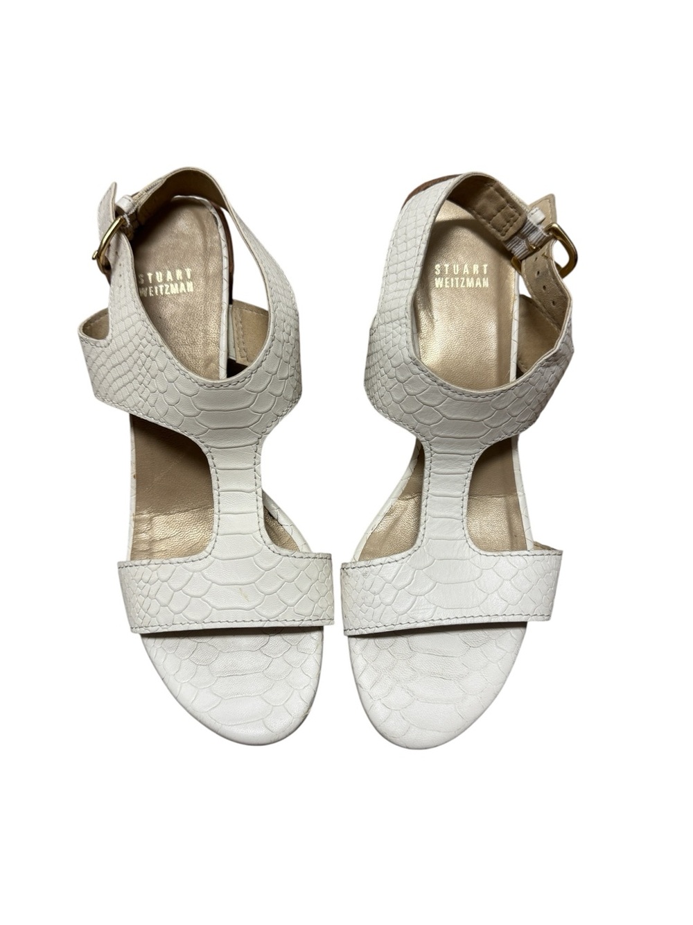 Stuart Weitzman Ivory Croc-Embossed T-Strap Sandal Heels